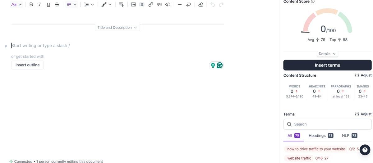 Surfer SEO content optimization tool interface showing content score and keyword analysis for improving search engine rankings and content quality
